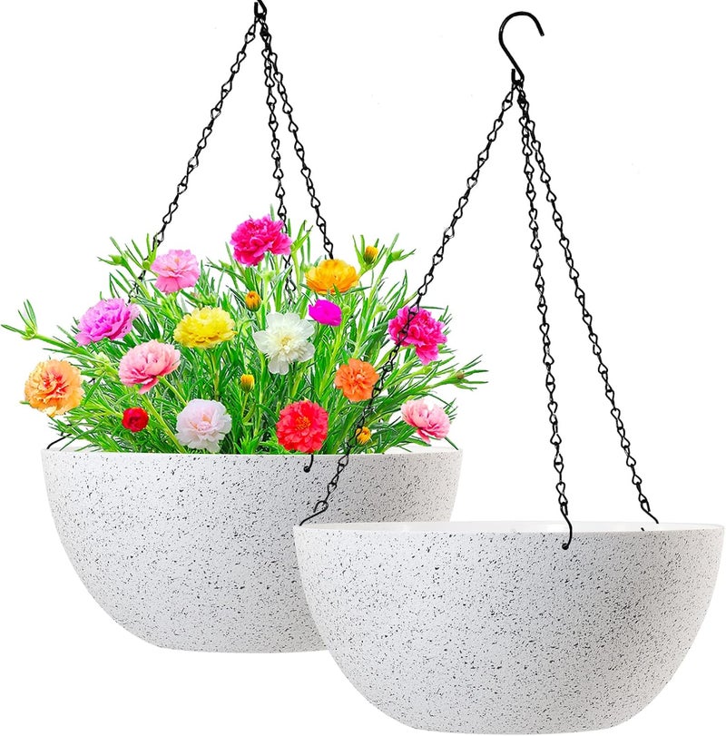 WOUSIWER 13 inch 2Pack Large Hanging Planters for Outdoor Indoor Plants with Drainage Holes and Chain, Round Hanging Flower Pots for Garden Home Porch Decor, White Speckles - Image 1